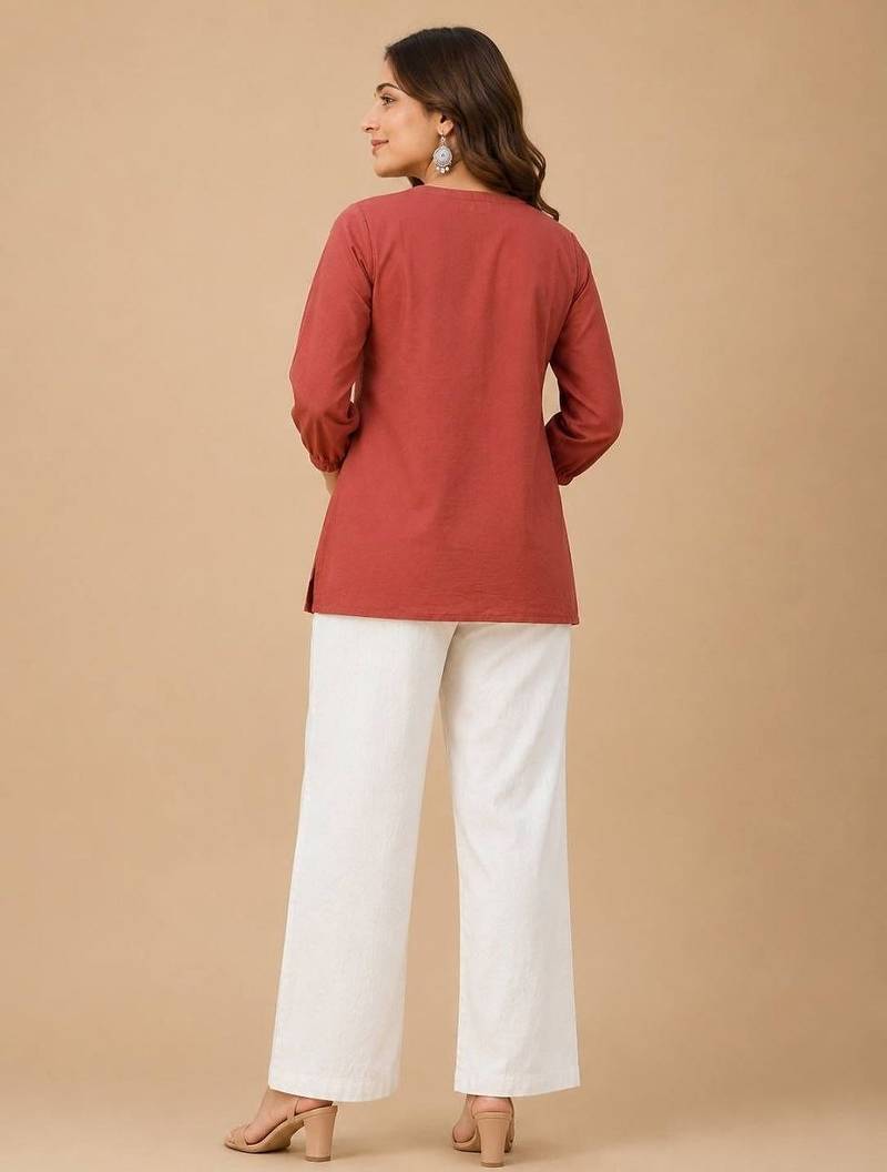 Peach embroidered short tunic kurti with off-white bottom set