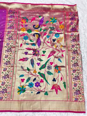 light purple purple zari woven paithani silk blend  traditional saree with beads embroidery blouse piece 2