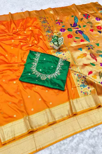 mustard zari woven paithani silk blend  traditional saree with beads embroidery blouse piece