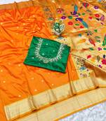 mustard zari woven paithani silk blend  traditional saree with beads embroidery blouse piece