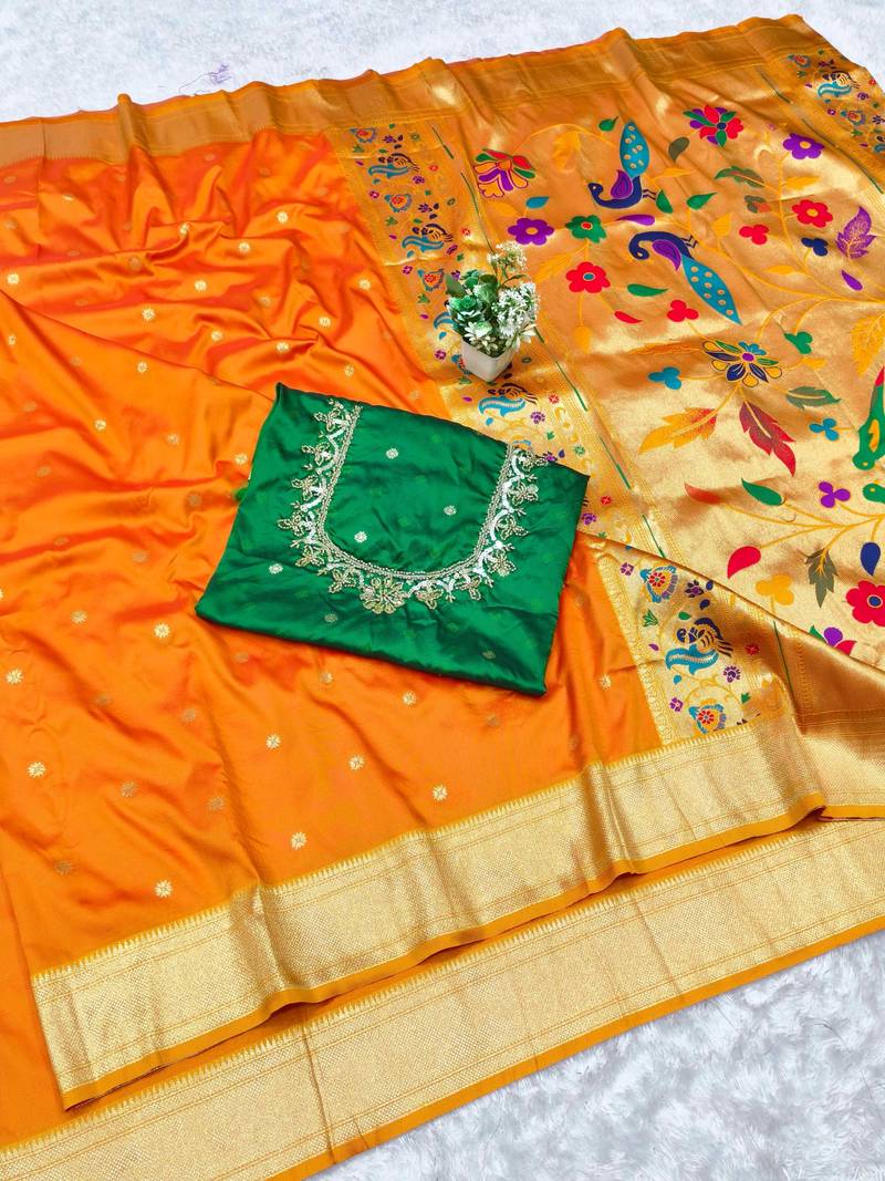 mustard zari woven paithani silk blend  traditional saree with beads embroidery blouse piece