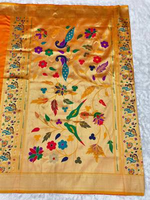 mustard zari woven paithani silk blend  traditional saree with beads embroidery blouse piece 2