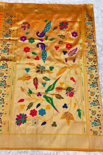 mustard zari woven paithani silk blend  traditional saree with beads embroidery blouse piece