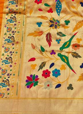 mustard zari woven paithani silk blend  traditional saree with beads embroidery blouse piece 3
