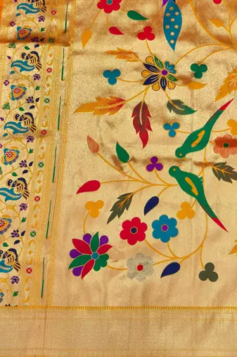 mustard zari woven paithani silk blend  traditional saree with beads embroidery blouse piece