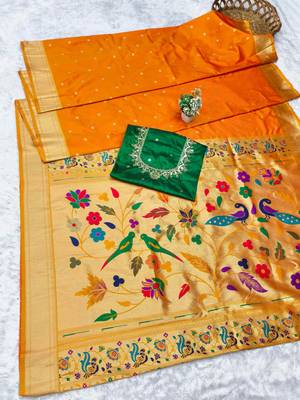 mustard zari woven paithani silk blend  traditional saree with beads embroidery blouse piece 5