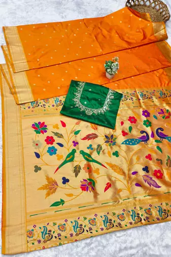 mustard zari woven paithani silk blend  traditional saree with beads embroidery blouse piece