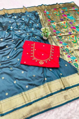 firozi zari woven paithani silk blend  traditional saree with beads embroidery blouse piece