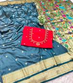 firozi zari woven paithani silk blend  traditional saree with beads embroidery blouse piece