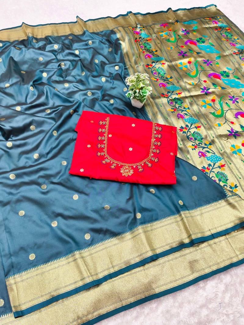 firozi zari woven paithani silk blend  traditional saree with beads embroidery blouse piece