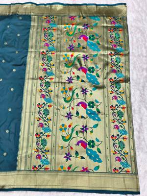 firozi zari woven paithani silk blend  traditional saree with beads embroidery blouse piece 2