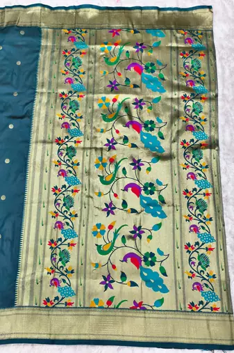firozi zari woven paithani silk blend  traditional saree with beads embroidery blouse piece
