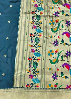 firozi zari woven paithani silk blend  traditional saree with beads embroidery blouse piece 3