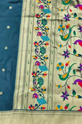 firozi zari woven paithani silk blend  traditional saree with beads embroidery blouse piece