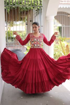 Maroon rayon kutchi gamthi thread embroidered mirror work  flair gown 1