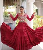 Maroon rayon kutchi gamthi thread embroidered mirror work  flair gown