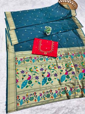 firozi zari woven paithani silk blend  traditional saree with beads embroidery blouse piece 5