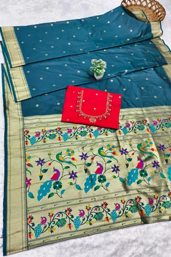firozi zari woven paithani silk blend  traditional saree with beads embroidery blouse piece