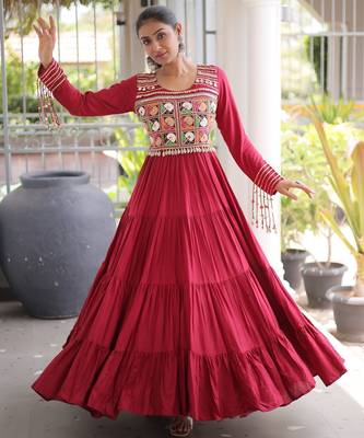 Maroon rayon kutchi gamthi thread embroidered mirror work  flair gown 2