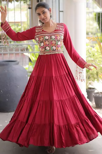 Maroon rayon kutchi gamthi thread embroidered mirror work  flair gown