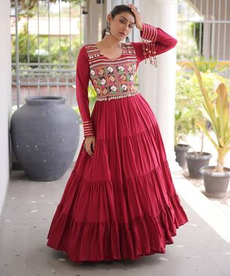 Maroon rayon kutchi gamthi thread embroidered mirror work  flair gown 3