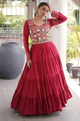 Maroon rayon kutchi gamthi thread embroidered mirror work  flair gown