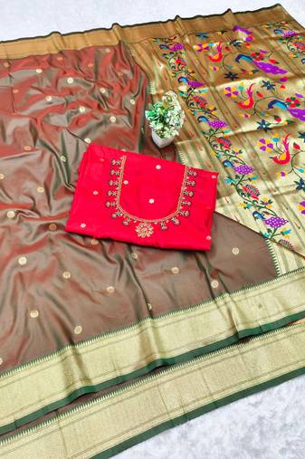 mehendi zari woven paithani silk blend  traditional saree with beads embroidery blouse piece