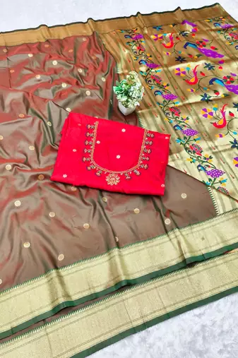 mehendi zari woven paithani silk blend  traditional saree with beads embroidery blouse piece
