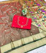 mehendi zari woven paithani silk blend  traditional saree with beads embroidery blouse piece