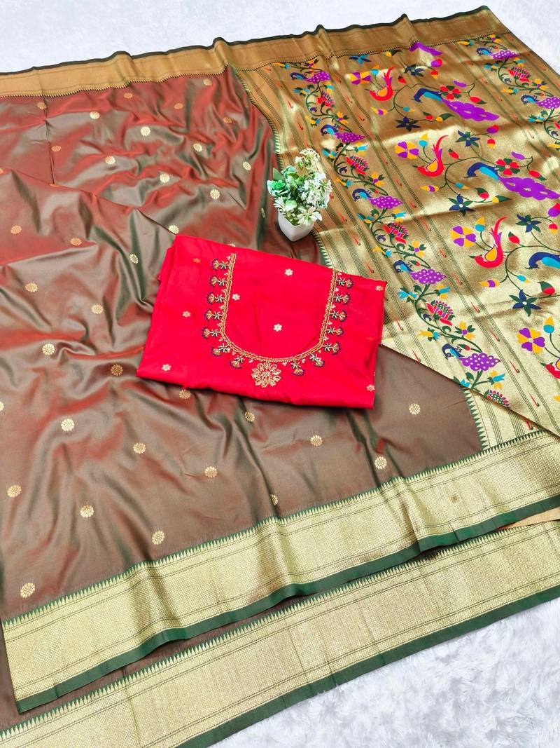 mehendi zari woven paithani silk blend  traditional saree with beads embroidery blouse piece