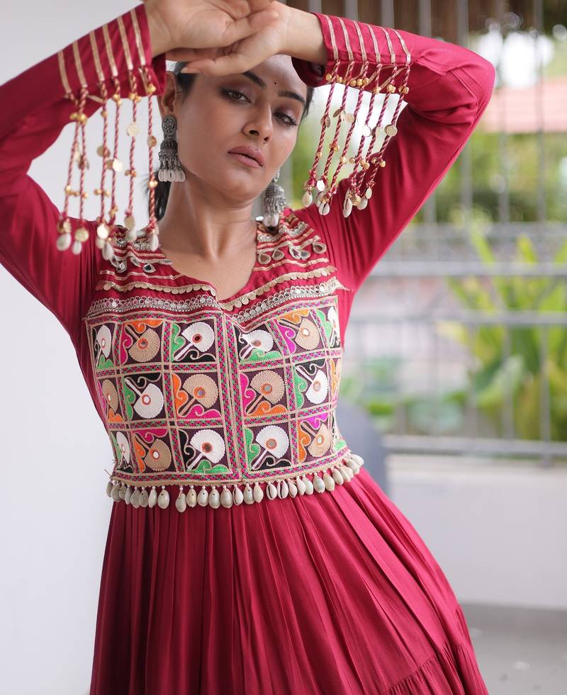 Maroon rayon kutchi gamthi thread embroidered mirror work  flair gown