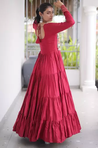 Maroon rayon kutchi gamthi thread embroidered mirror work  flair gown
