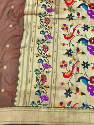 mehendi zari woven paithani silk blend  traditional saree with beads embroidery blouse piece 3