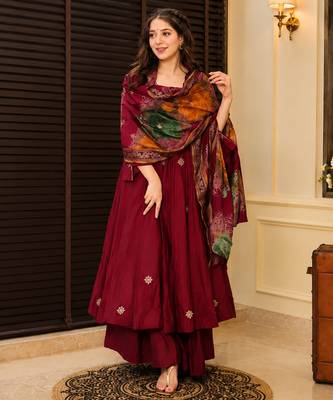 Maroon rayon cotton embroidered kurta palazzo set with digital print organza silk dupatta 2