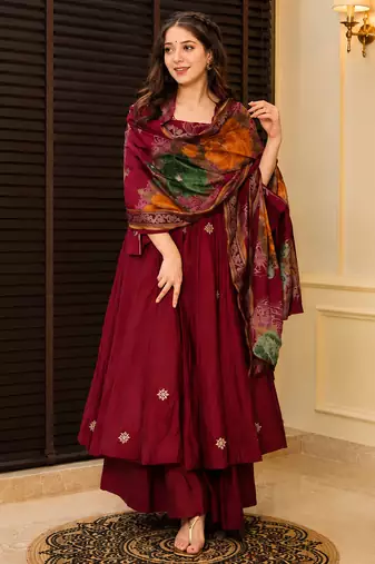 Maroon rayon cotton embroidered kurta palazzo set with digital print organza silk dupatta