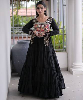 Black rayon kutchi gamthi thread embroidered mirror work  flair gown 1