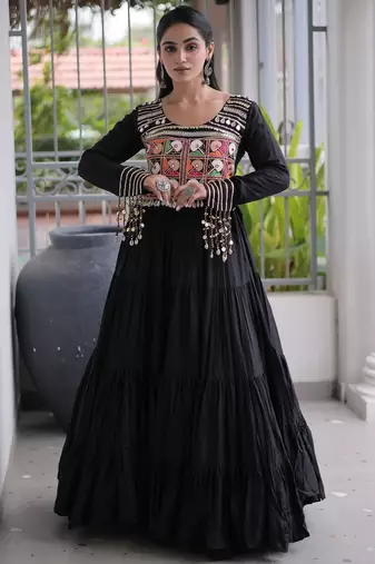 Black rayon kutchi gamthi thread embroidered mirror work  flair gown