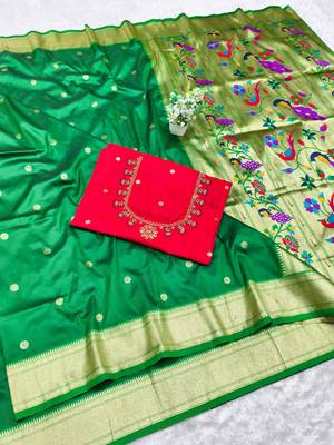 green zari woven paithani silk blend  traditional saree with beads embroidery blouse piece 1