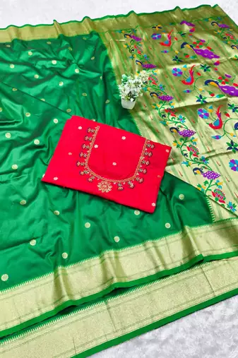 green zari woven paithani silk blend  traditional saree with beads embroidery blouse piece