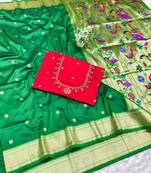 green zari woven paithani silk blend  traditional saree with beads embroidery blouse piece