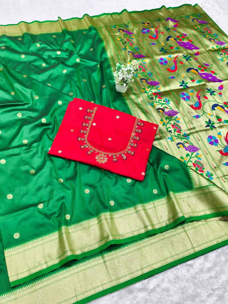 green zari woven paithani silk blend  traditional saree with beads embroidery blouse piece