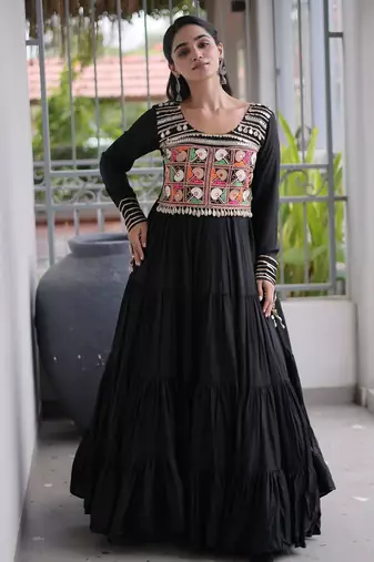 Black rayon kutchi gamthi thread embroidered mirror work  flair gown