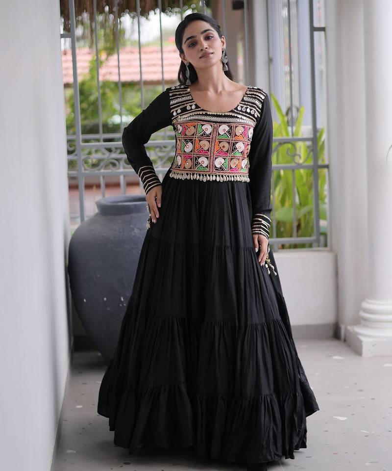 Black rayon kutchi gamthi thread embroidered mirror work  flair gown