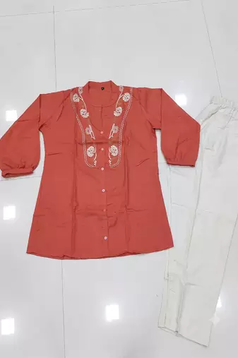 Peach embroidered short tunic kurti with off-white bottom set