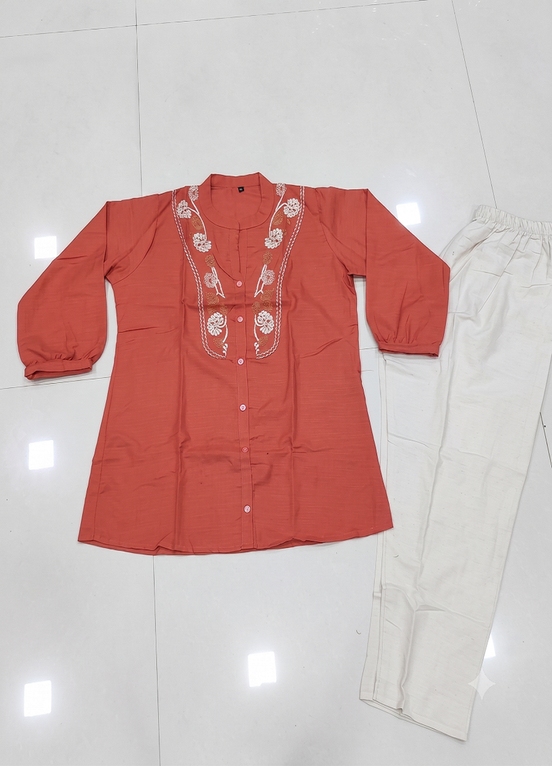 Peach embroidered short tunic kurti with off-white bottom set
