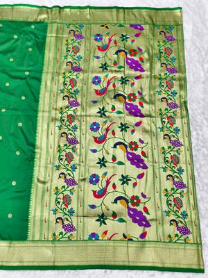 green zari woven paithani silk blend  traditional saree with beads embroidery blouse piece 2