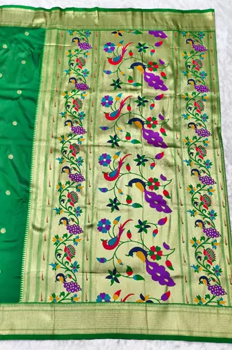 green zari woven paithani silk blend  traditional saree with beads embroidery blouse piece