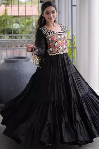 Black rayon kutchi gamthi thread embroidered mirror work  flair gown