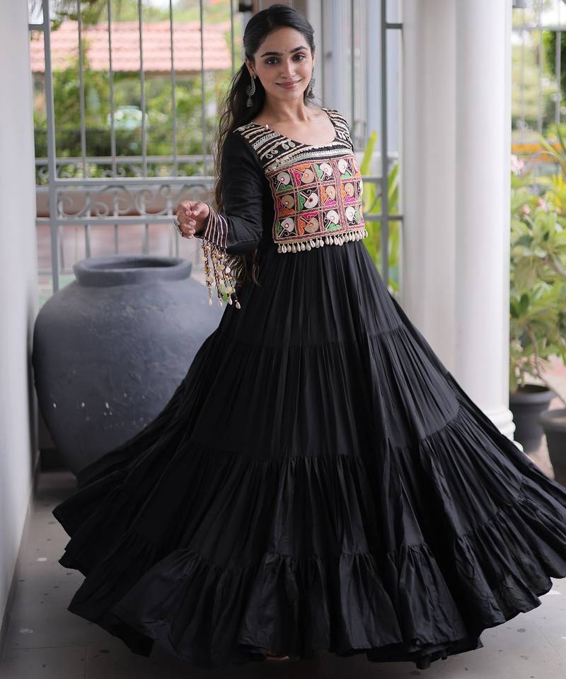 Black rayon kutchi gamthi thread embroidered mirror work  flair gown
