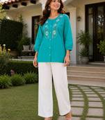 Sky embroidered short tunic kurti with off-white bottom set
